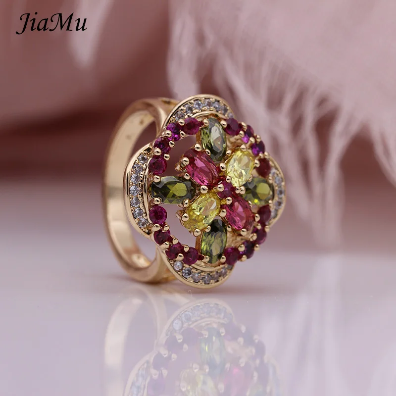 

JiaMu new fashion noble 585 rose gold flower type setting color zircon woman gift party jewelry ring