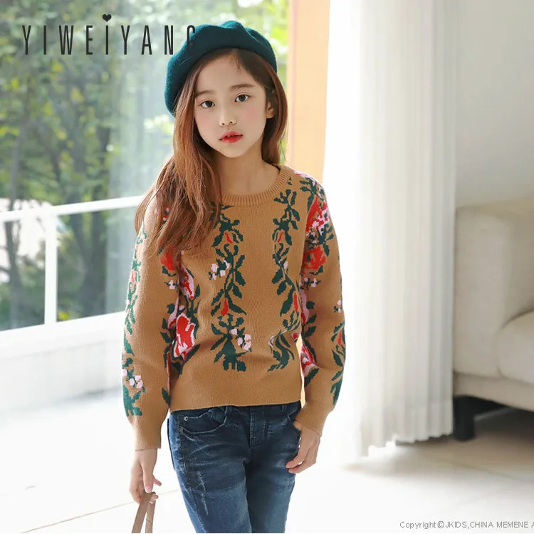 2018 осень зима Новые Девушки одежда печатных свитер ретро трикотажные с длинными