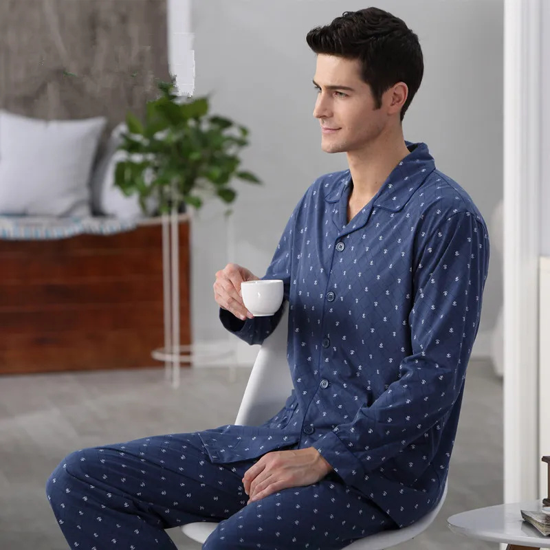 Пижама для мужчин хлопок длинный рукав вязаный сна Сезон весна осень Мужские