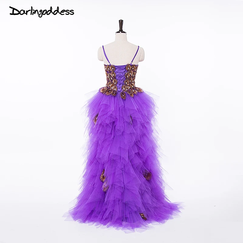 Сексуальное Фиолетовое короткое спереди длинное сзади вечернее платье с