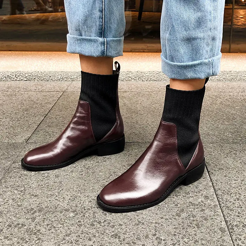 Женские ботильоны из натуральной коровьей кожи с круглым носком|Женские