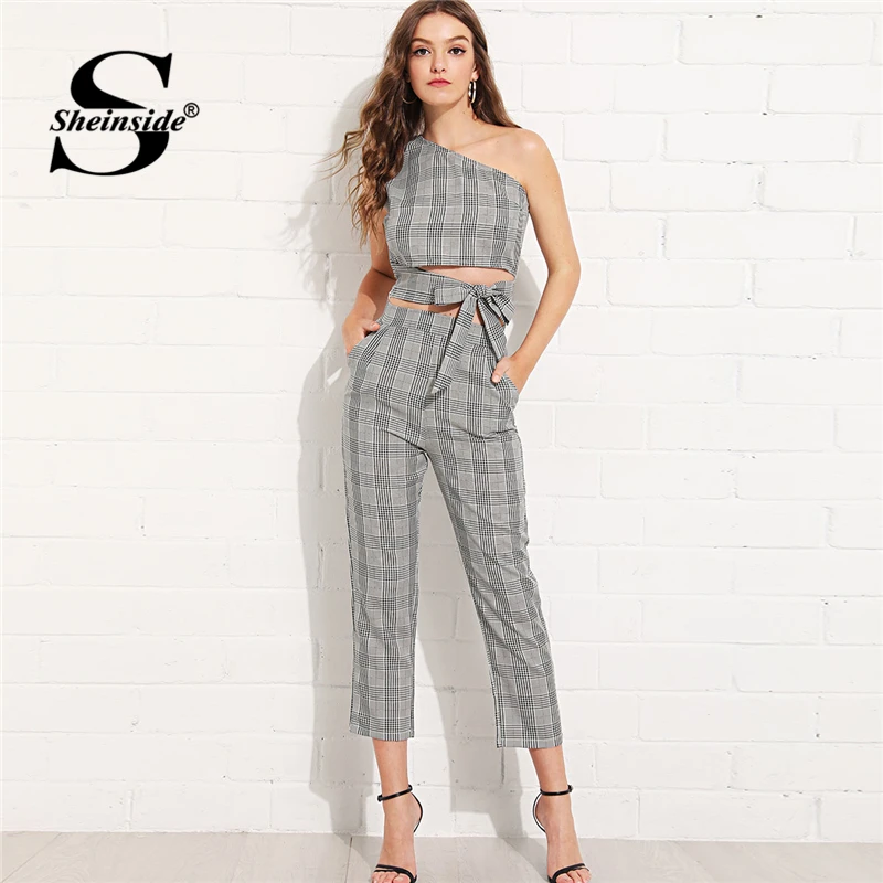 Sheinside, клетчатый принт, повседневный топ на одно плечо с узлом и штаны, набор для женщин,, летняя элегантная рабочая одежда, укороченные штаны, комплект из 2 предметов