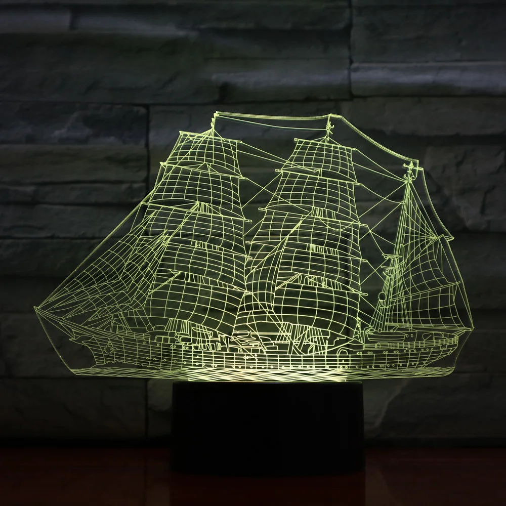 3D светодиодный ночсветильник с парусником меняющая цвет прикроватная лампа