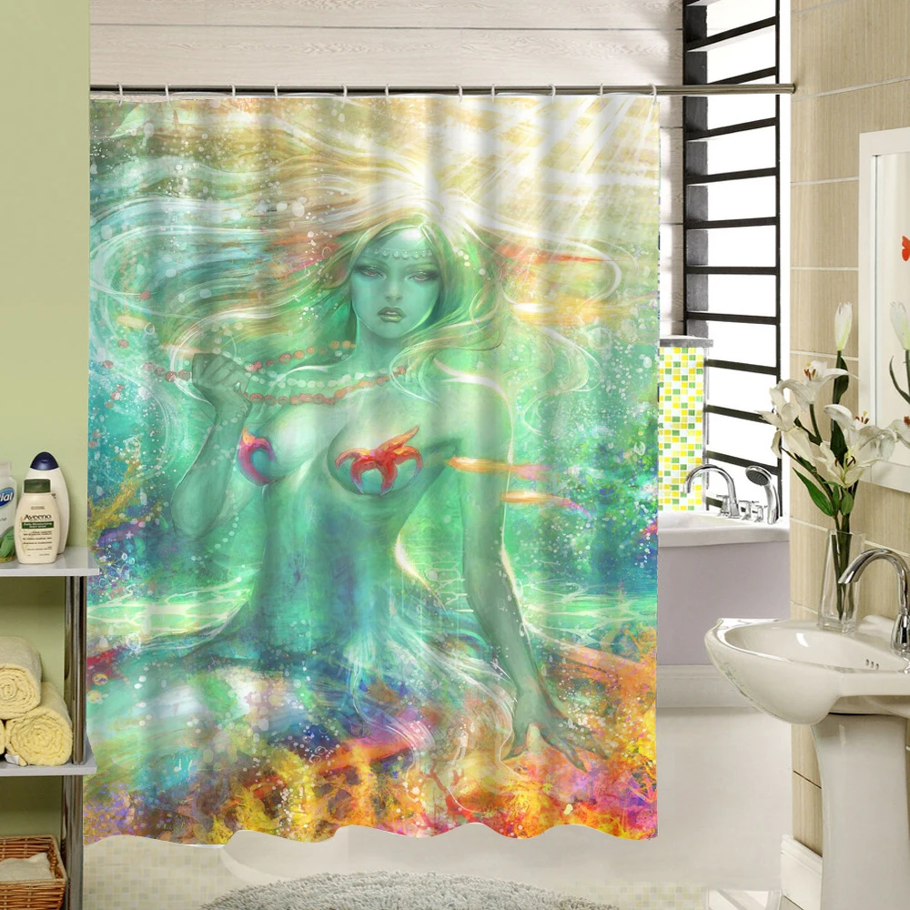 The Beautifu Mermaid With Green Hair Is Enjoying Flower In River Custom Curtain For Bathroom Waterproof Shower | Дом и сад