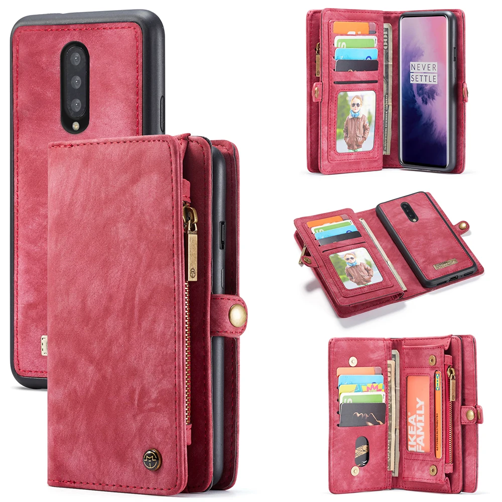 Red Чехол для Oneplus 7 Pro, многофункциональные карты, кошелек, чехол для телефона, для Oneplus 7, 7 Pro, съемный, из коровьей кожи, флип, подставки, Fundas - Цвет: Red