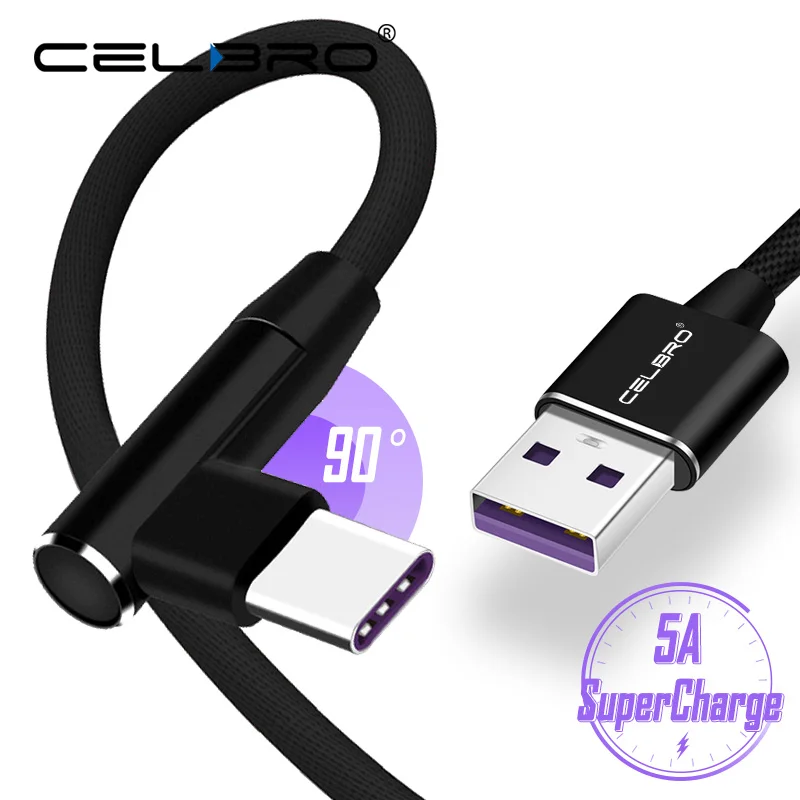 90 градусов SuperCharge 5A type C кабель для huawei mate 20 10 P20 Pro Lite Honor 10 правый угол быстрой зарядки USB-C кабель для передачи данных