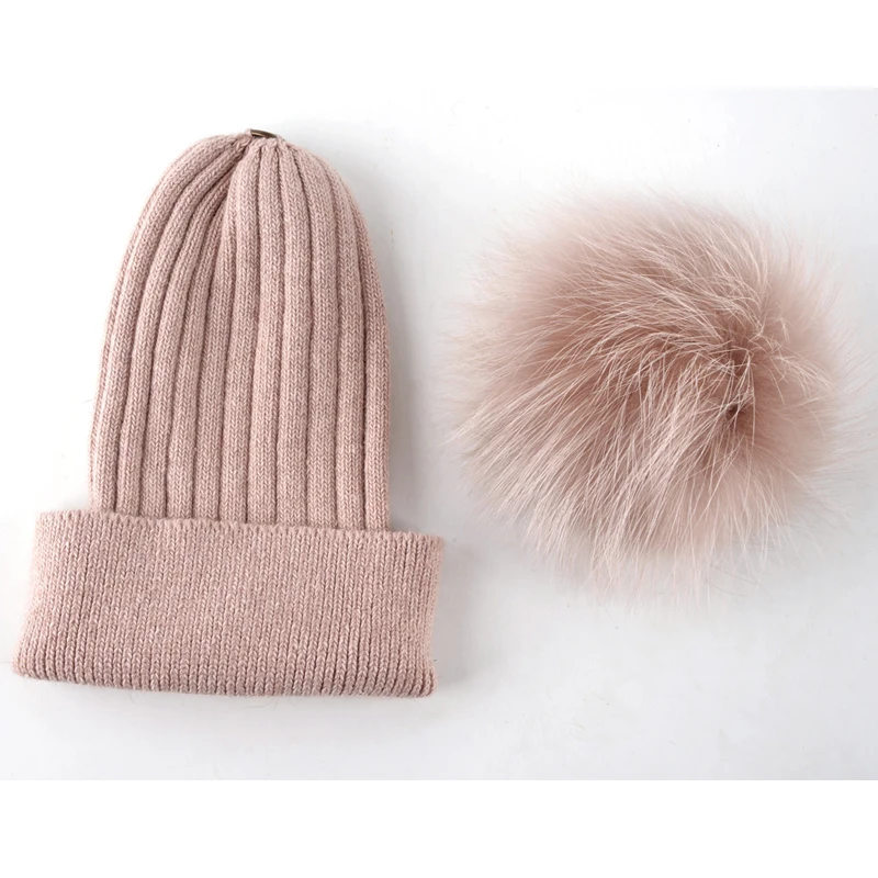 Женские шапки с помпоном из натурального меха енота шапки-бини Вязаная Шерстяная