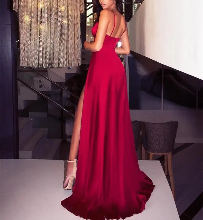 Пикантные глубоким v образным вырезом спинки макси платье 2018 высокий разрез