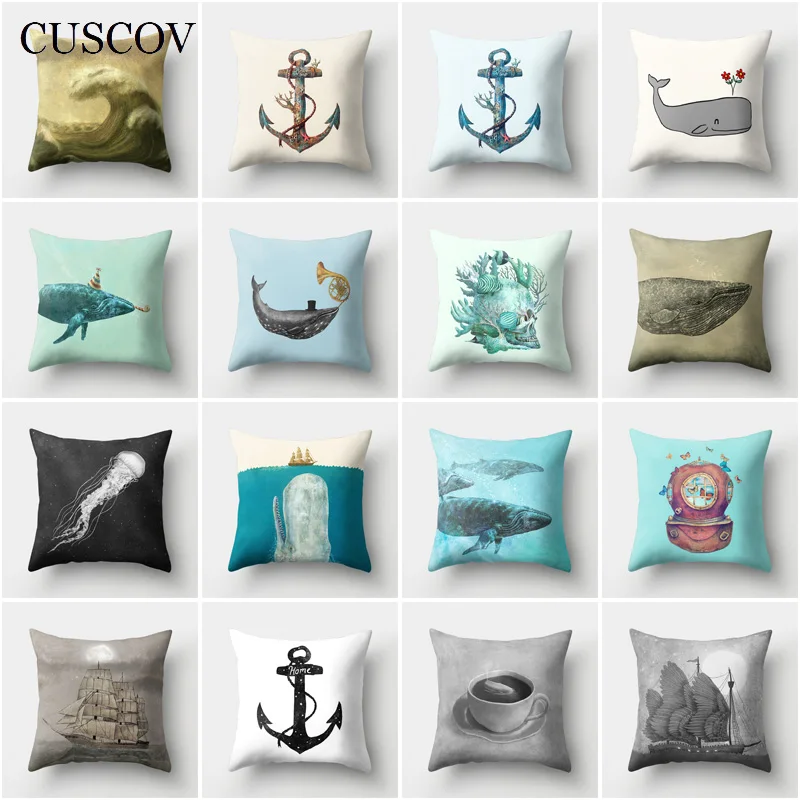 

CUSCOV Marine animal polyester sofa cushion cover boat anchor whale picture wedding decoration household pillowcase chair pillow