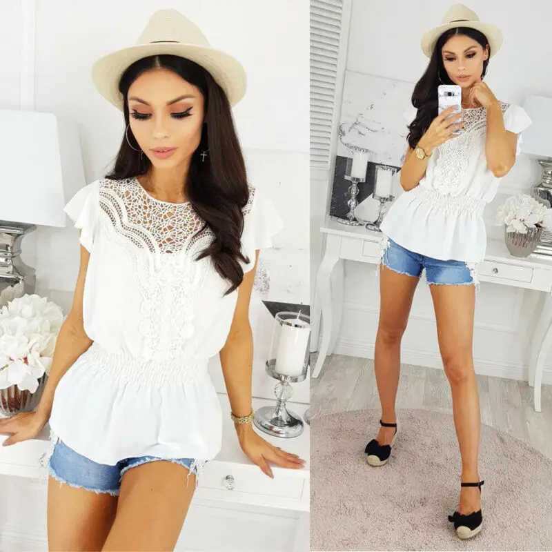 Летние Новые Модные женские свободные топы с коротким рукавом Блузка Ажурные
