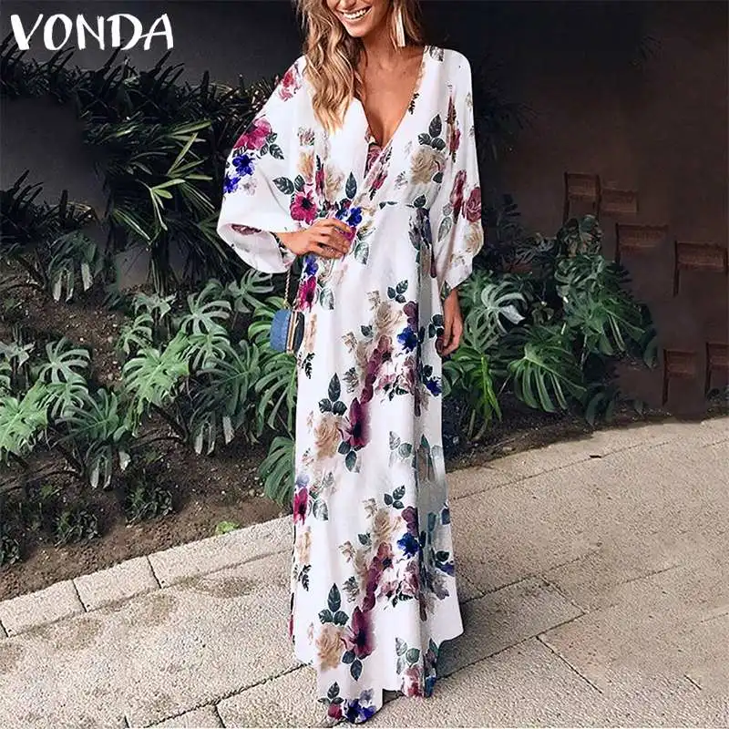 VONDA, осенне-летнее платье, женское, Цветочный, сексуальный сарафан, макси, длинное, Vestido, для вечеринки, пляжное платье, Femme, цветочный рисунок, размера плюс, 5XL