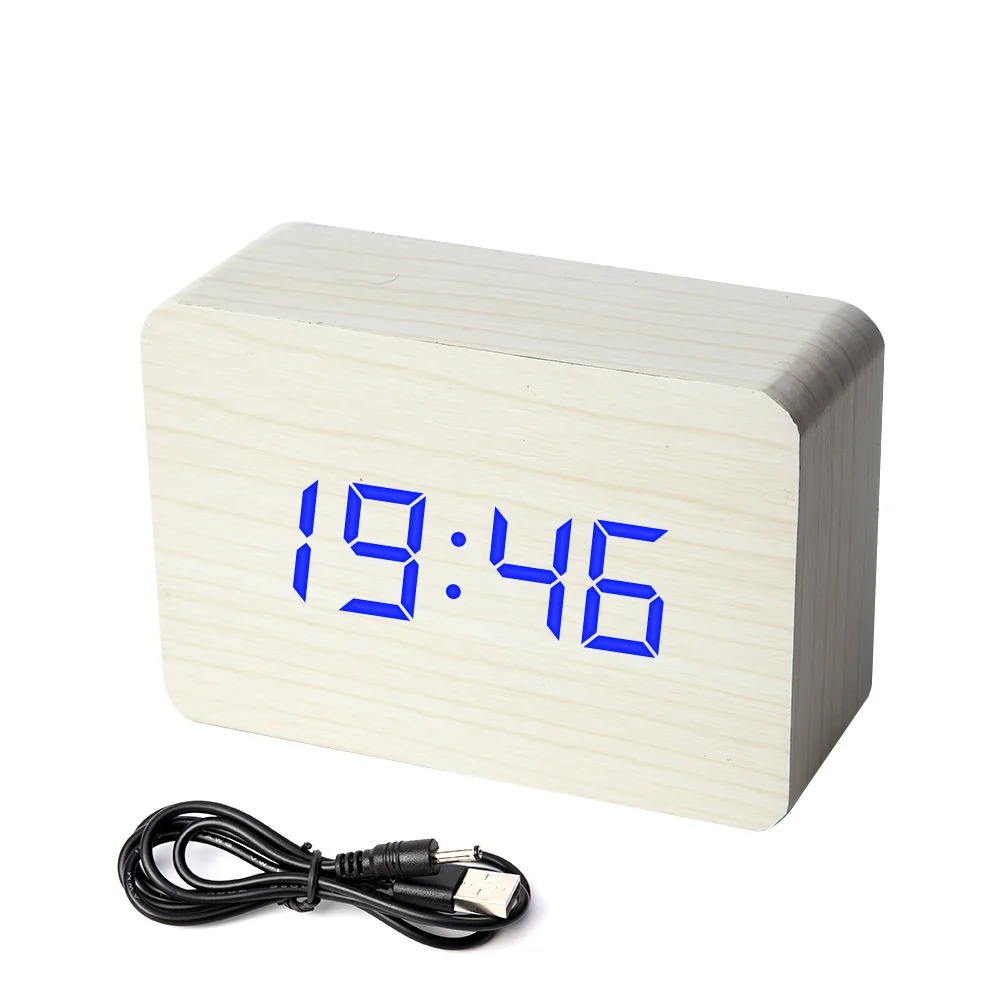 White wood blue Деревянный бамбуковый светодиодный цифровой будильник Reloj Despertador современные настольные часы с температурой светодиодный электронный - Цвет: White wood blue