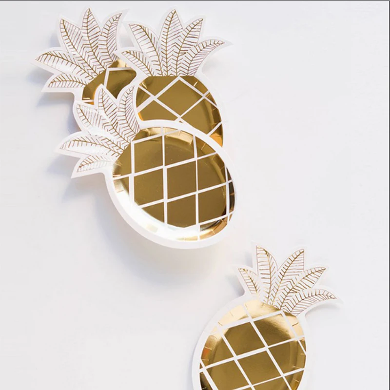 8 шт. розовое золото одноразовые бумажные тарелки с ананасом блестящая золотая