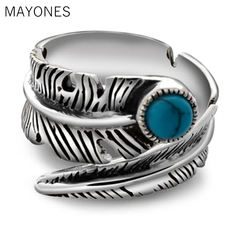 

Natural Vintage Turquoises Feather Rings Solid 925 Sterling Silver Open Rings for Lovers' Jewelry Handmade Ring