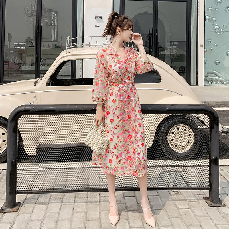 picture color Aihuyigui летнее дамское милое Сетчатое платье высокого качества женское платье с цветочной вышивкой красное шикарное платье mujer vestidos DR192 - Цвет: picture color