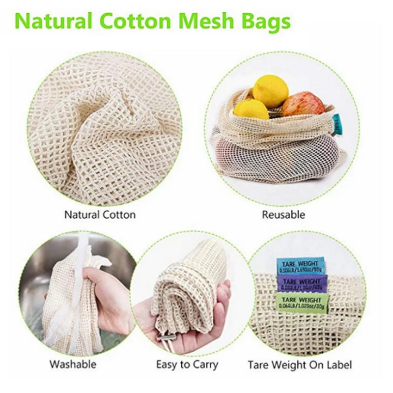 3 Sizes Reusable Natural Cotton Mesh Produce Bags Home Kitchen Drawstring Shopping Bag Fruit Vegetables Storage | Дом и сад