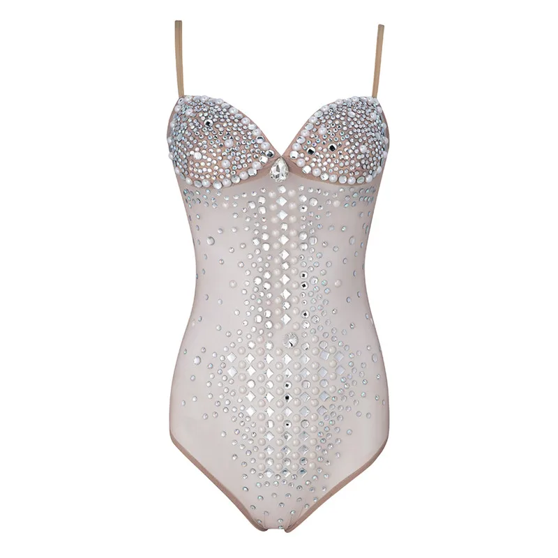 Apricot Top Quality Celebrity Strap Beading Sexy Women's Bodysuits Prom Party Bikinis