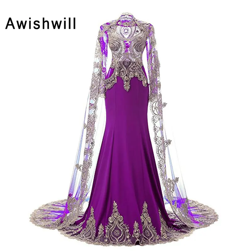 Новые вечерние платья Дубая 2020 с плащом, золотым кружевом, длинными рукавами, рыбьим хвостом для женщин, формальные платья Vestido Longo.