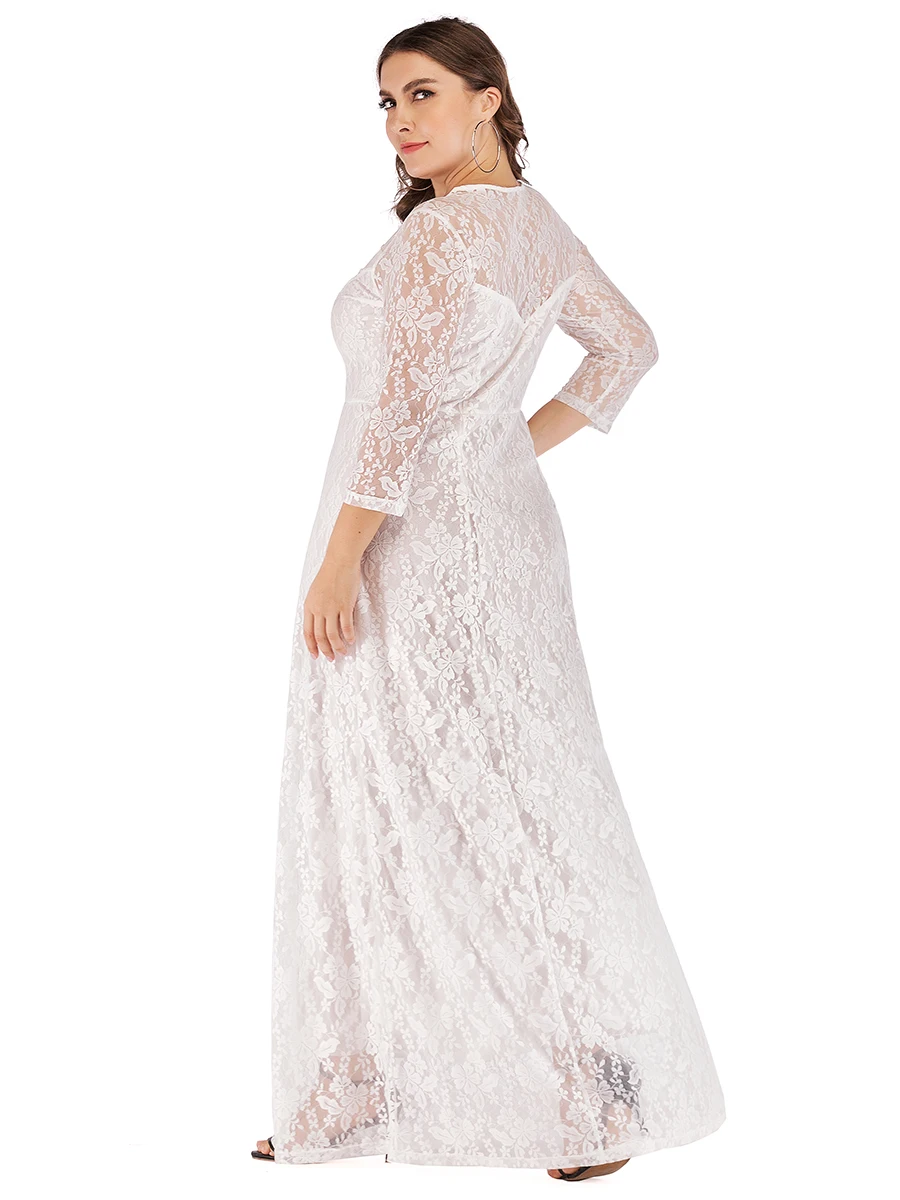 luxury wedding party dresses Women Ladies 4xl 5xl 6xl Plus Size 3/4 Sleeve Lace floral hollow out Long Dress solid color Dresses