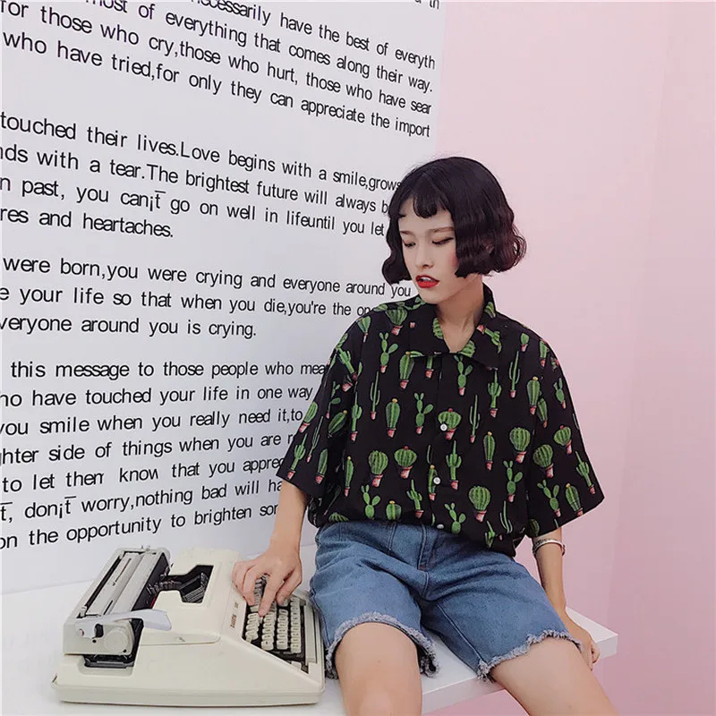 Летние женские блузки с принтом кактуса Harajuku Свободный Топ коротким рукавом