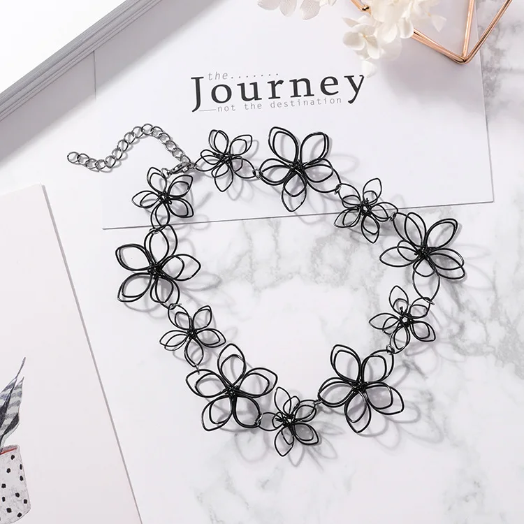 JZTOP черное ожерелье-чокер с полыми цветами женское ожерелье в стиле панк плетеное