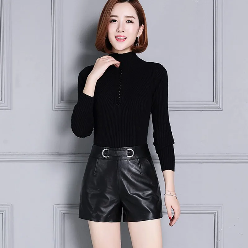 Женские широкие шорты из натуральной кожи черные повседневные мягкие брюки с