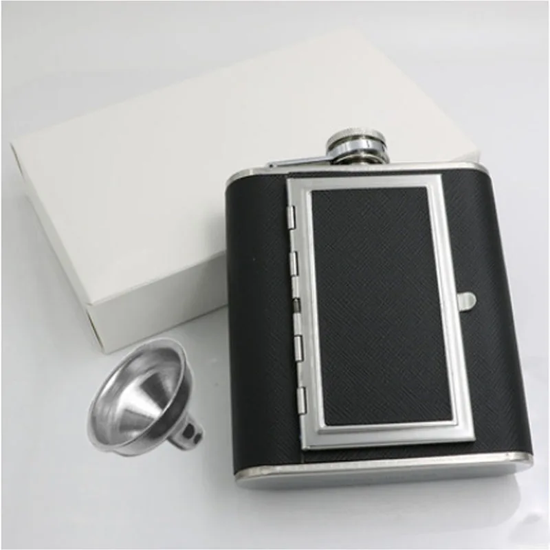 5 OZ Креативный чехол для сигарет, 6 унций, 5 унций, нержавеющая сталь, фляга для виски, бутылка для ликера, черная из искусственной кожи, с воронкой, для дома, для спорта на открытом воздухе - Цвет: 5 OZ