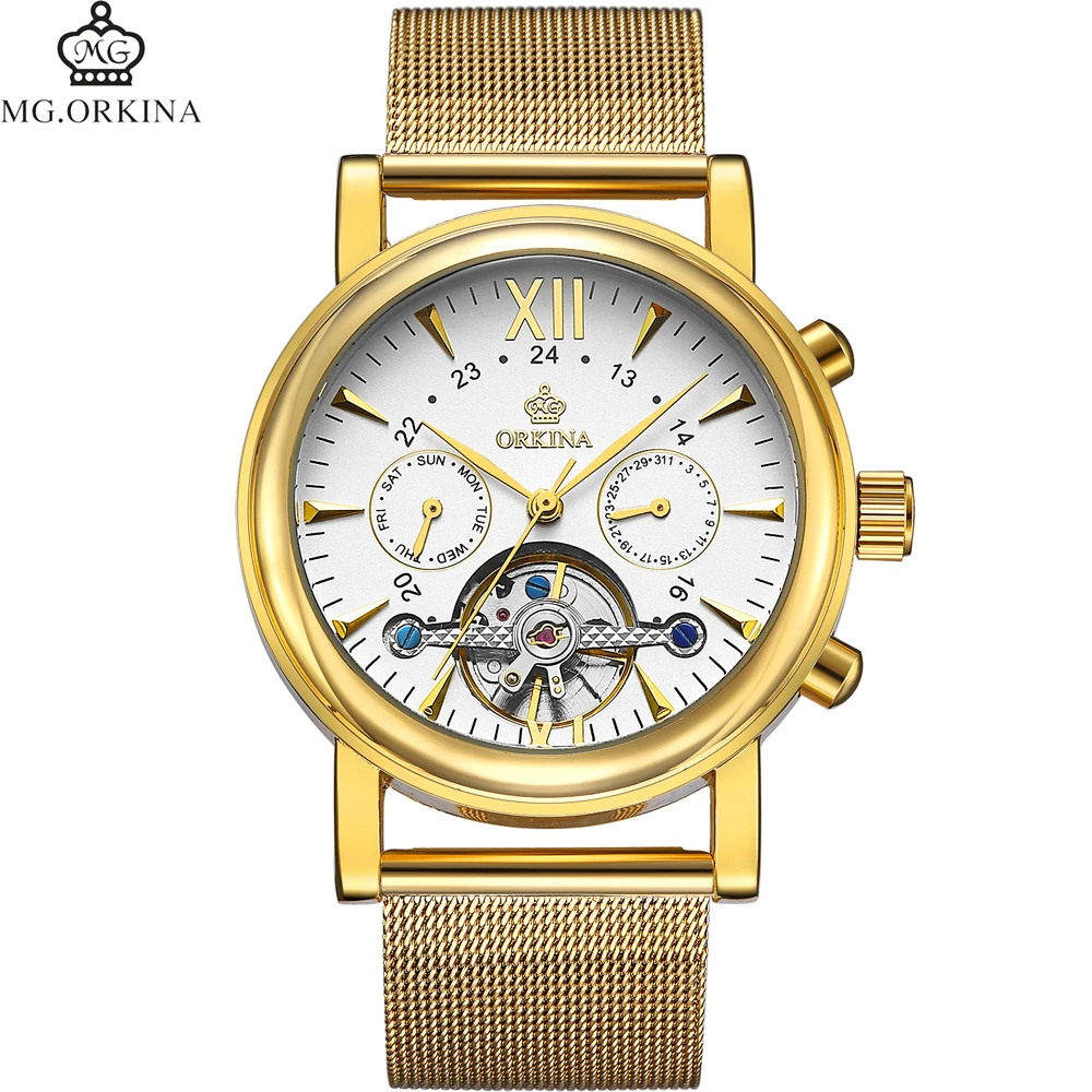 Мужские часы ORKINA автоматические Золотые механические из нержавеющей стали с