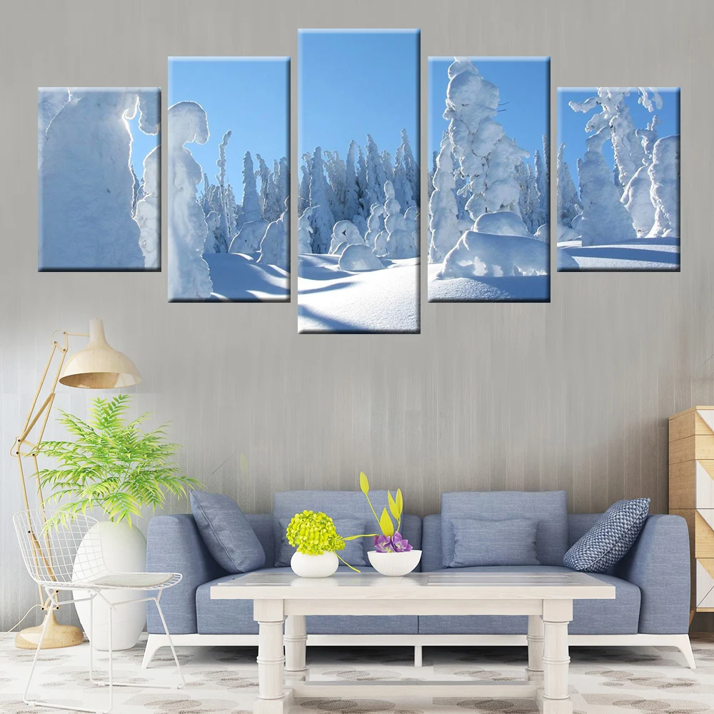 5 панелей настенная живопись современный HD принт лес пейзаж заснеженный холст