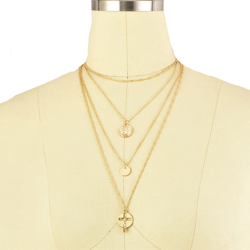 Богемское женское колье с круглым подвеском, вырезанным из креста Иисуса, на цепочке для ключицы. Набор из нескольких слоев золотистого цвета с персональным стилем.