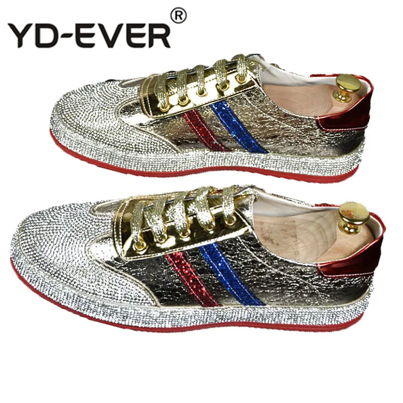 Casual Men Sneakers Luxury Brand Silver Shoes Spring Lace Up Skate European Trainers Italy Patent Leather Gold Nice Rhinestone | Обувь
