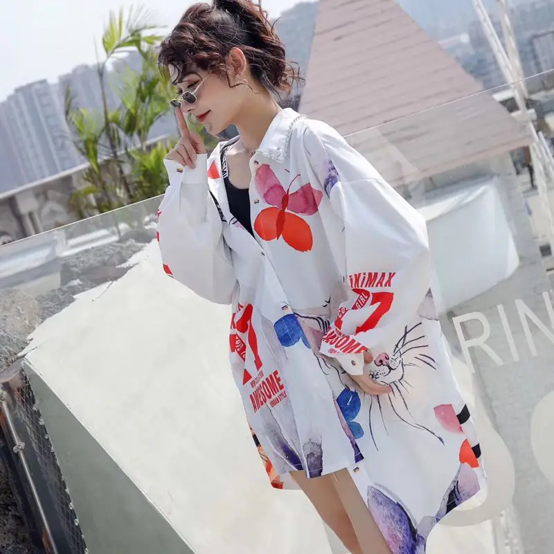 European station 2019 Thailand street fashion cartoon letter printing shirt jacket long paragraph loose net red female | Женская одежда