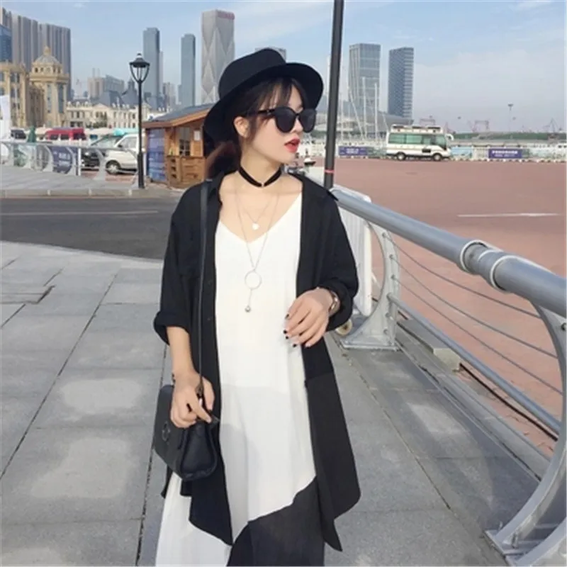 2018 spring dress new temperament loose hem splice Sling long knee Женская одежда