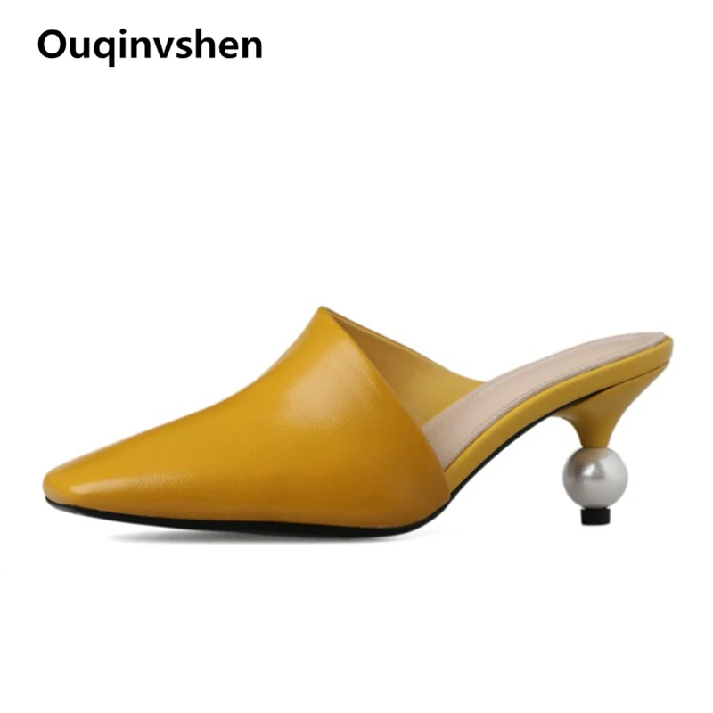 Ouqinvshen/женские шлепанцы с квадратным носком; сезон лето; Желтые Модные уличные резиновые туфли без пяток на высоких каблуках; женская обувь из натуральной кожи;