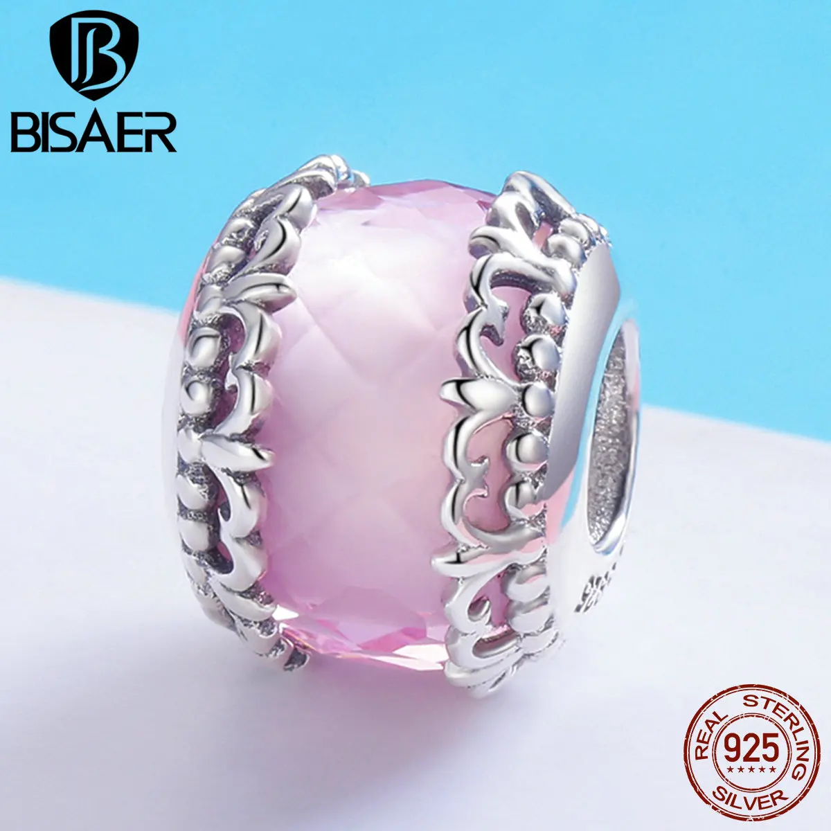 BISAER Genuine 925 Sterling Silver Pink Crystal Lily Flower Iris Brand Beads Charm Women Bracelet Jewelry HSC711 | Украшения и