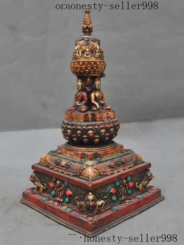 

christmas Old Tibet Fane bronze Inlay Turquoise Gem Shakyamuni buddha tower stupa Pagoda halloween