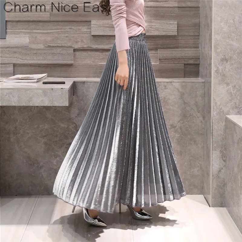 Золотой проволоки плиссированная юбка 2018 Новый осень зима средней длины тонкий