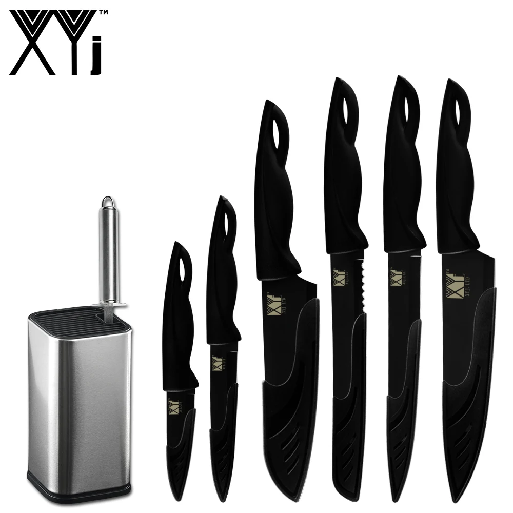 A.8pcs set XYj, 8 шт., набор кухонных ножей из нержавеющей стали, точилка, бар, 8 дюймов, подставка для ножей, шеф-повара, нож для нарезки хлеба, Santoku, нож для очистки овощей - Цвет: A.8pcs set