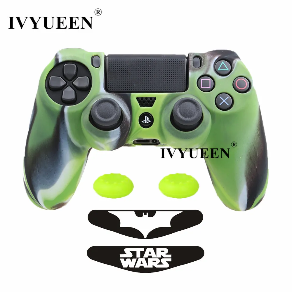 Green Camo IVYUEEN 5 в 1 для Dualshock 4 PS4 Pro тонкий контроллер силиконовый гелевый Чехол для кожи+ палки с захватом для большого пальца+ 2 светодиодный стикер - Цвет: Green Camo