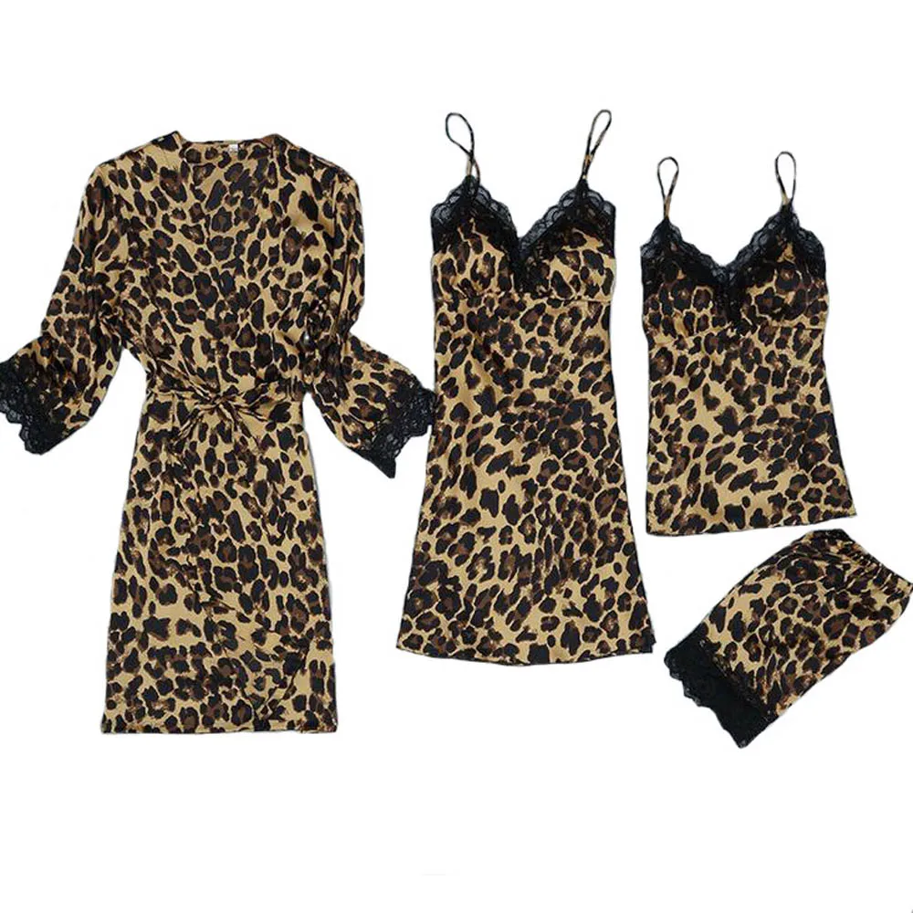 4pcs Set Женское леопардовое кимоно, банный халат, атласная шелковая ночная рубашка, комплект для отдыха, сексуальное женское белье, ночная рубашка, ночная рубашка, одежда для сна - Цвет: 4pcs Set