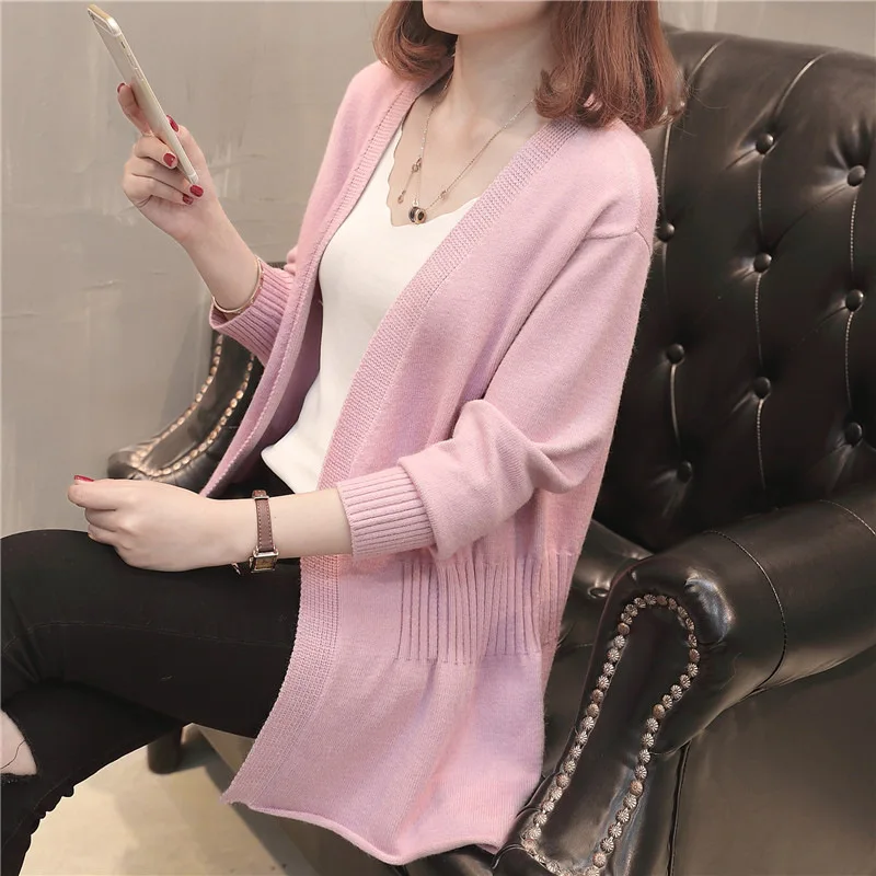 Pink Осенне-зимний женский кардиган, гофрированный Однотонный женский кардиган, длинный рукав, эластичная талия, Женский вязаный свитер, кардиган - Цвет: Pink