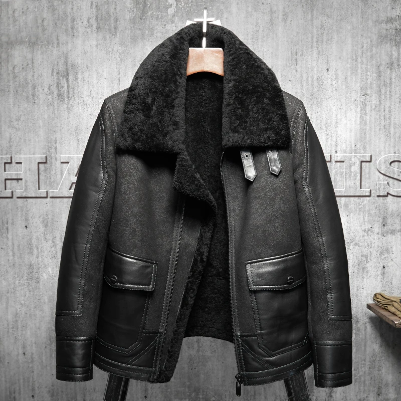 Men's Sheepskin Shearling Coat Black Leather Jacket Long Outerwear ...