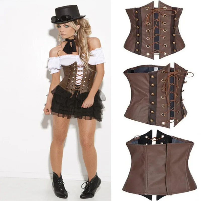 Сексуальное нижнее белье корсет в стиле стимпанк из искусственной кожи под