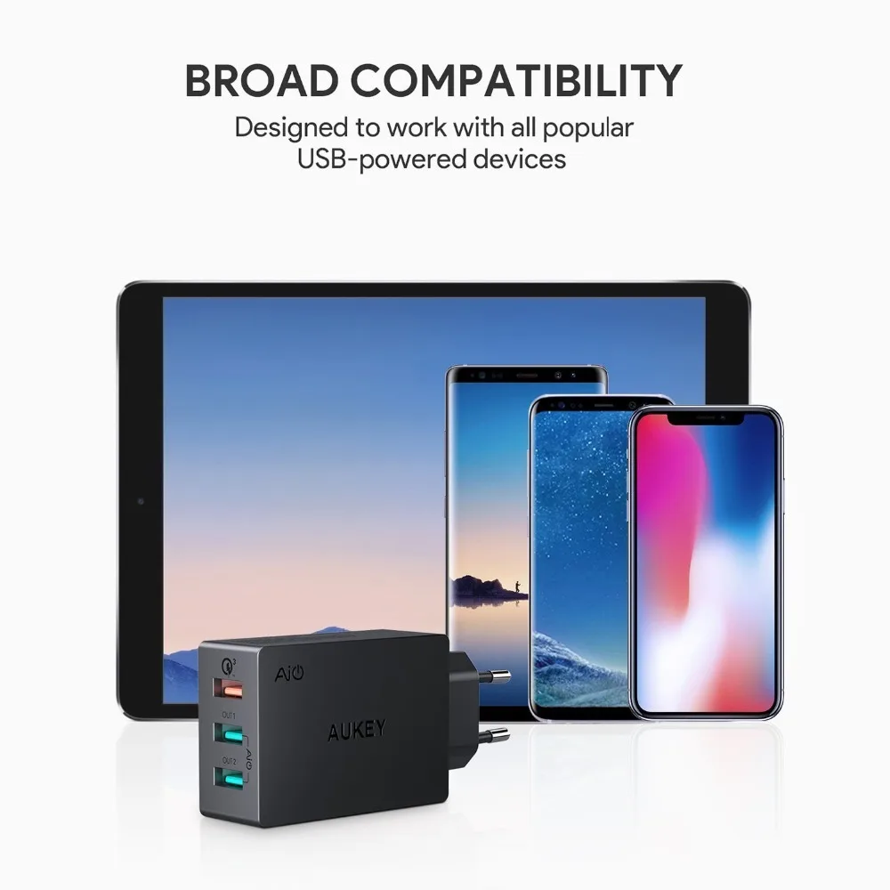 AUKEY USB Зарядное устройство 43 5 Вт Quick Charge 3 0 Fast QC3.0 Мобильный телефон стены для iPhone X 8