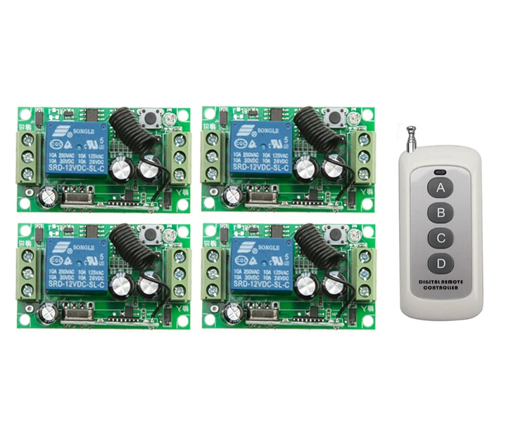 DC12V 8A 1CH RF Беспроводная система дистанционного управления 55*32*16 мм 4 * приемника и 1