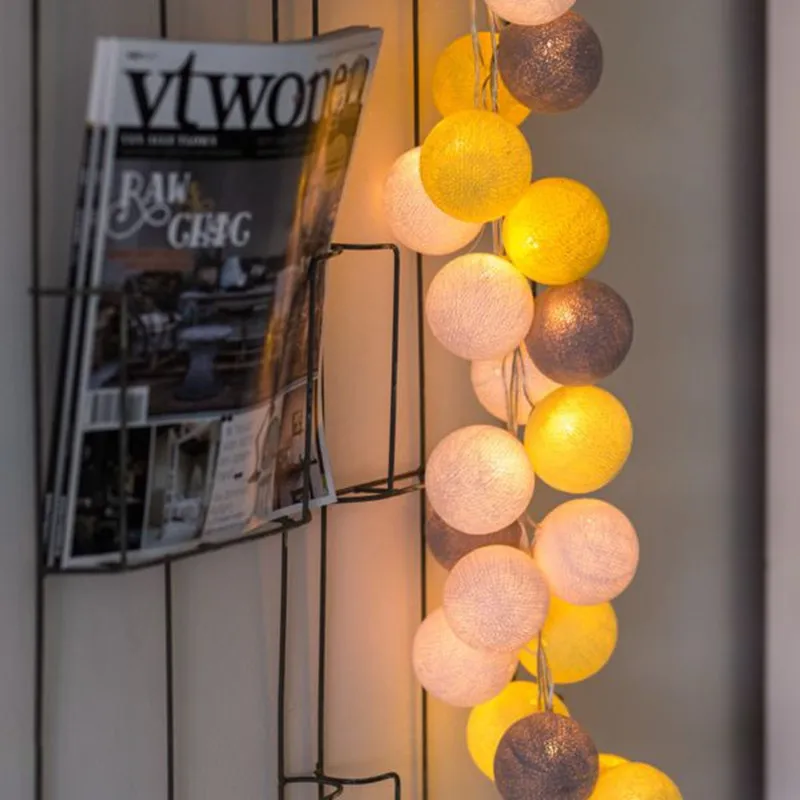 Gray yellew white Thai style sweet Pastel cotton ball string lights Bedroom Fairy Nursery Night Light garland holiday LED battery powered wedding - Emitting Color: Gray yellew white