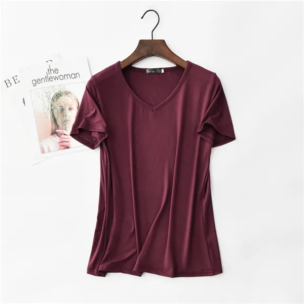 D00323 purple red 17 Цвета! высокая эластичность тенниска с треугольным вырезом Женская летняя футболка с коротким рукавом женская крутая Модальная футболка 323 - Цвет: D00323 purple red