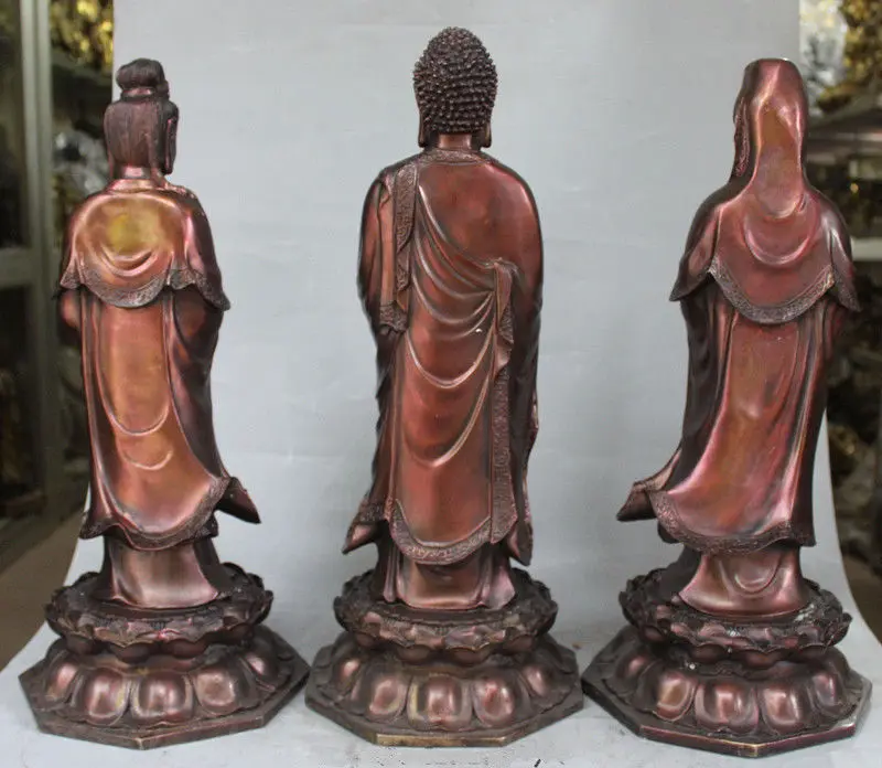 

19 inch/Chinese Copper Gilt Western 3 Gods Kwan-yin Shakyamuni Buddha Statue Set