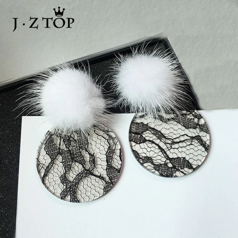 JZTOP Fashion Woman Earrings Acrylic Fur Ball Imitation Lace Big Round Stud For Female Luxury Oorbellen Jewelry | Украшения и