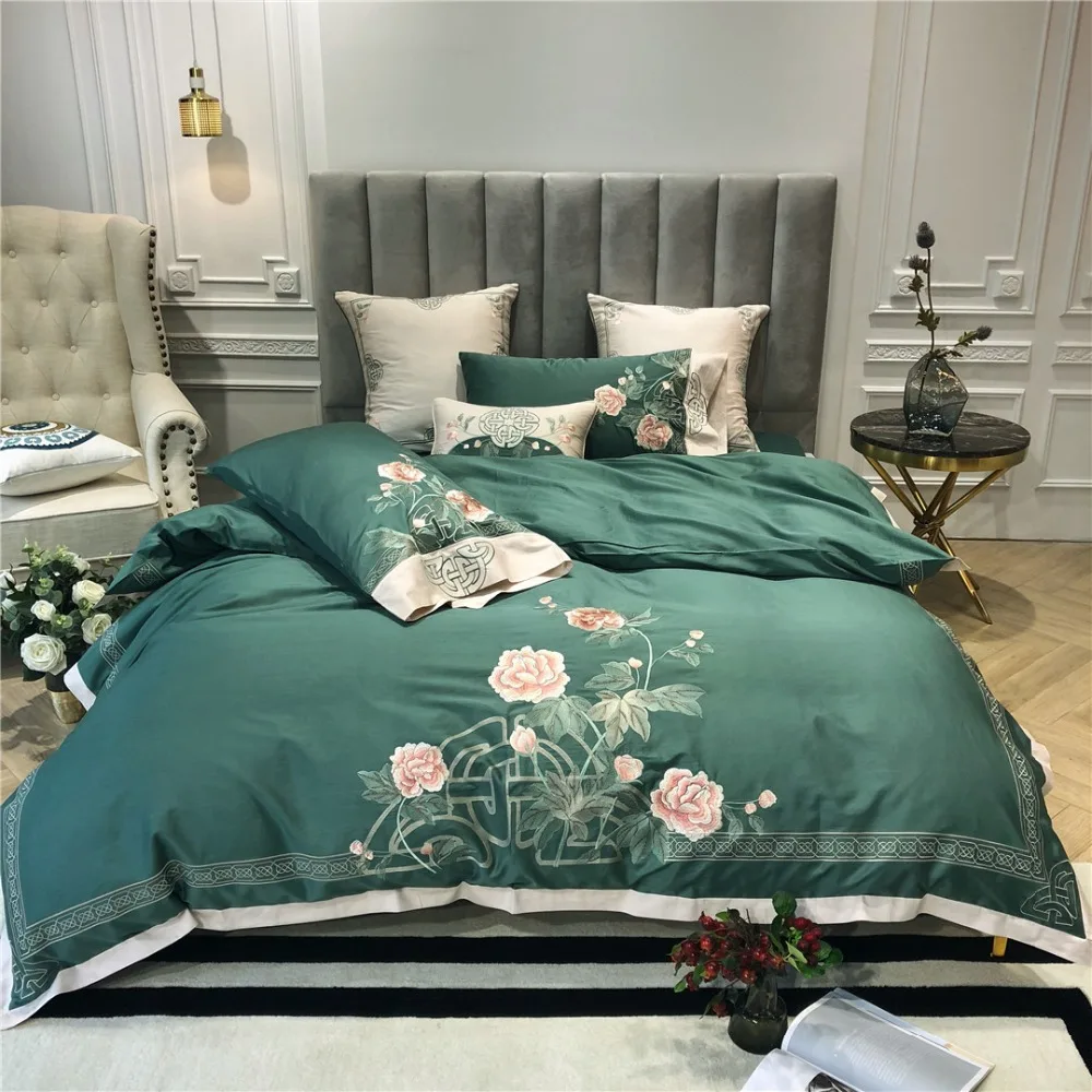 

luxury Embroidered 100S Egyptian cotton Royal Bedding sets Queen King green Wedding Duvet cover Bed sheet set Pillowcases 4pcs